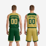 Size and specification sheet for green and gold reversible basketball uniforms showing youth and adult size run measurements