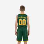 Back view of custom green and gold youth basketball jersey showing back number printed in white with gold outline on forest green body