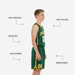 Detail view of green and gold youth basketball shorts showing gold hem band side panel accent and number 00 on left leg