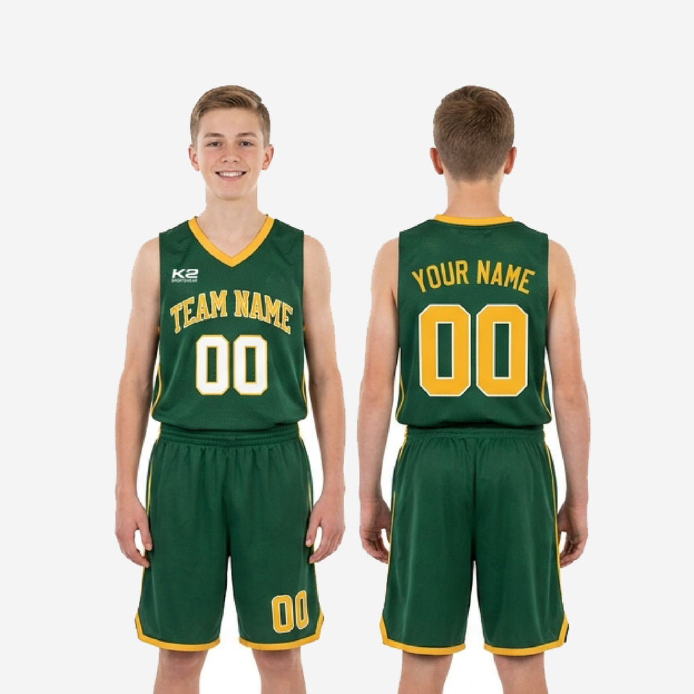 Fade Resistant Green and Gold Youth Basketball Uniforms - Custom Set