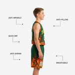 Back view of green and gold youth basketball uniform showing player name and number placement on fully sublimated forest green jersey