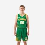 Green and gold youth basketball uniforms full set front and back view showing dot-splash sublimation pattern kelly green jersey and matching shorts