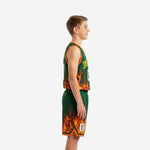 Custom green youth basketball uniform front view showing arced gold team name and white number 00 on forest green jersey with flame hem pattern