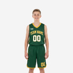Green and gold youth basketball uniforms full set front view showing arched team name and gold V-neck binding on forest green jersey and matching shorts