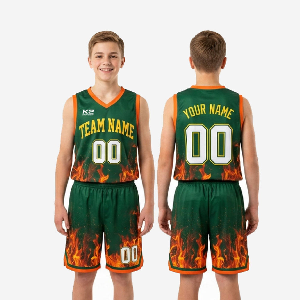 V-Neck Custom Green and Gold Youth Basketball Uniforms