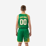 Youth basketball uniform size and specification sheet for green and gold dot-splash jersey and shorts set in youth sizes