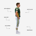 Back view of green and gold youth football uniform showing back number placement and white pant stripe running the full leg length