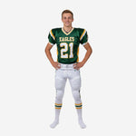 Green and gold youth football uniforms front and back view showing sublimated shoulder panels, team name across chest, and white pants with side stripe