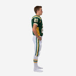 Front view of custom green and gold youth football uniform with V-neck collar, gold shoulder panels, and number 21 on the chest