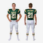 Size and specification sheet for custom green and gold youth American football uniforms showing available youth sizes