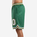 Opposite side view of men's green and white custom basketball shorts showing pinstripe pattern and elastic waistband construction