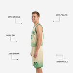 Back view of the green and white reversible basketball uniform set showing back number placement on matching shorts