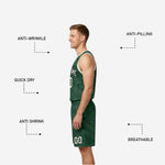 Back view of green and white reversible basketball uniform showing back number and player name placement on forest green sublimated jersey