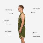 Back view of the olive-green reversible basketball jersey with back number placement and matching topographic shorts