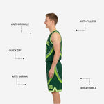 Back view of the green and white reversible basketball uniform showing back number and player name print zones on both sides