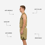 Close detail of the sublimated topographic wave pattern and contrast V-neckline binding on the green reversible basketball jersey