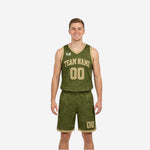 Custom green and white reversible basketball uniforms with olive topographic jersey and tan-gold trim, front and back view of full 2-piece set