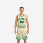 Cream-white side of the reversible basketball uniform set with green dot-fade pattern on jersey and shorts and green arched team name and number 00