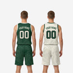 Full set detail shot of custom green and white reversible basketball uniforms showing topographic wave sublimation on both jersey and shorts