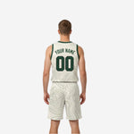 Opposite side view of custom printed green and white reversible basketball uniform set with full sublimation topographic design