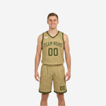 Tan-gold reverse side of the reversible basketball uniform showing topographic wave pattern, arched team name and front number on matching shorts