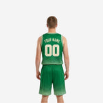 Side view of the kelly green reversible basketball jersey showing V-neck binding and armhole trim on the green side