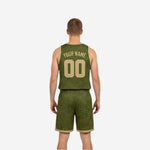 Side view of the olive-green reversible basketball jersey showing armhole binding and topographic sublimation pattern detail