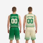 Size and specification sheet for the green and white reversible basketball uniform set showing youth and adult size run