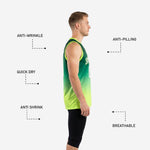 Back view of custom green basketball jersey with back name and number placement, neon lime binding, and dark green to neon lime gradient across the full panel