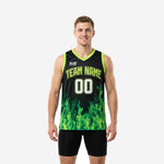Back view of custom green basketball jersey design showing player name and number in lime green on black upper panel