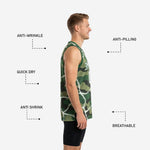 Back view of custom green camo basketball jersey showing player name placement across upper back and back number below