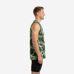 Custom mens basketball jersey in green camo with white lightning overlay, V-neck binding, and arced team name across the chest