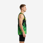 Custom green basketball jersey designs in black and lime green flame print, front and back view showing player name and number placement
