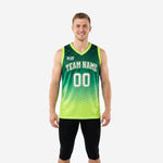 Custom green basketball jersey designs with dark forest green to neon lime gradient, arched team name and number 00 on the front, worn by a male model