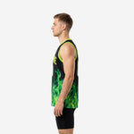 Adult male wearing custom green basketball jersey design with lime-green flame print rising from hem over black base, front view