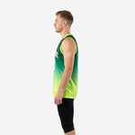 Left side view of sublimated green basketball jersey with neon lime trim and geometric hex texture fading from dark green to lime at the straight hem