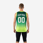 Right side view of custom green basketball jersey designs showing full gradient pattern, side vents, and V-neckline with neon lime armhole binding