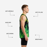 Side view of custom lime green and black flame basketball jersey showing armhole binding and athletic sleeveless cut