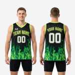 Right side view of custom neon green basketball jersey with photorealistic flame sublimation print and lime green neckline binding