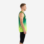 Side view of custom green basketball jersey showing neon lime armhole binding, hex pattern on lower panel, and athletic sleeveless cut on a male model