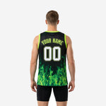 Size chart for custom green basketball jersey designs showing youth and adult sizing measurements for team roster orders