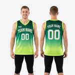 Size and spec chart for custom green basketball jersey designs showing youth and adult size run options for roster ordering