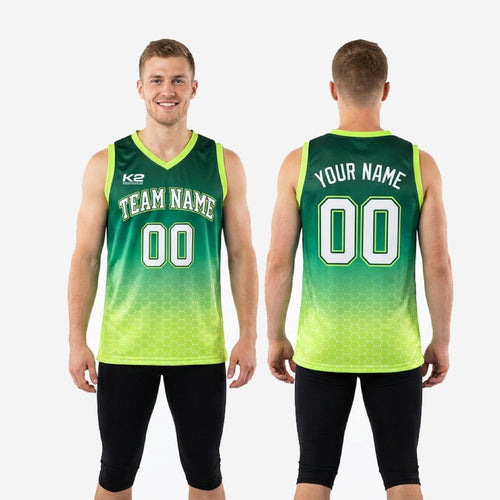 Size and spec chart for custom green basketball jersey designs showing youth and adult size run options for roster ordering