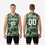 Size chart for custom green basketball jersey designs showing youth and adult sizing measurements for roster ordering