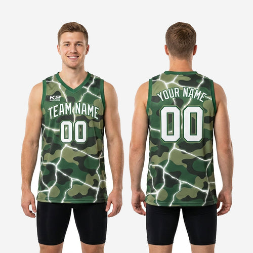 Size chart for custom green basketball jersey designs showing youth and adult sizing measurements for roster ordering