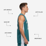Back view of green basketball jersey with player name arced across the upper back and large back number centered below