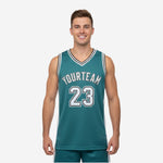 Custom green basketball jerseys in teal and white with striped V-neck collar, team name arced across the chest and number 23 on front, men's model