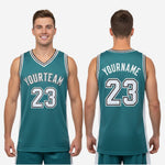 Size chart and spec sheet for custom teal and white green basketball jerseys covering youth and adult sizes