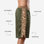 Back view of custom green basketball shorts in olive green with tan digital camo side panels and striped elastic waistband