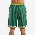 Back view of green and white pinstripe basketball shorts showing full sublimated design and hem trim detail
